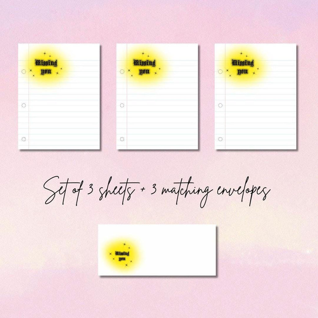 Missing You Writing Set | 3 Sheets + 3 Envelopes | Prison Wife Stationery | Yellow Airbrush Letter Writing Paper | Cute Inmate Mail Set