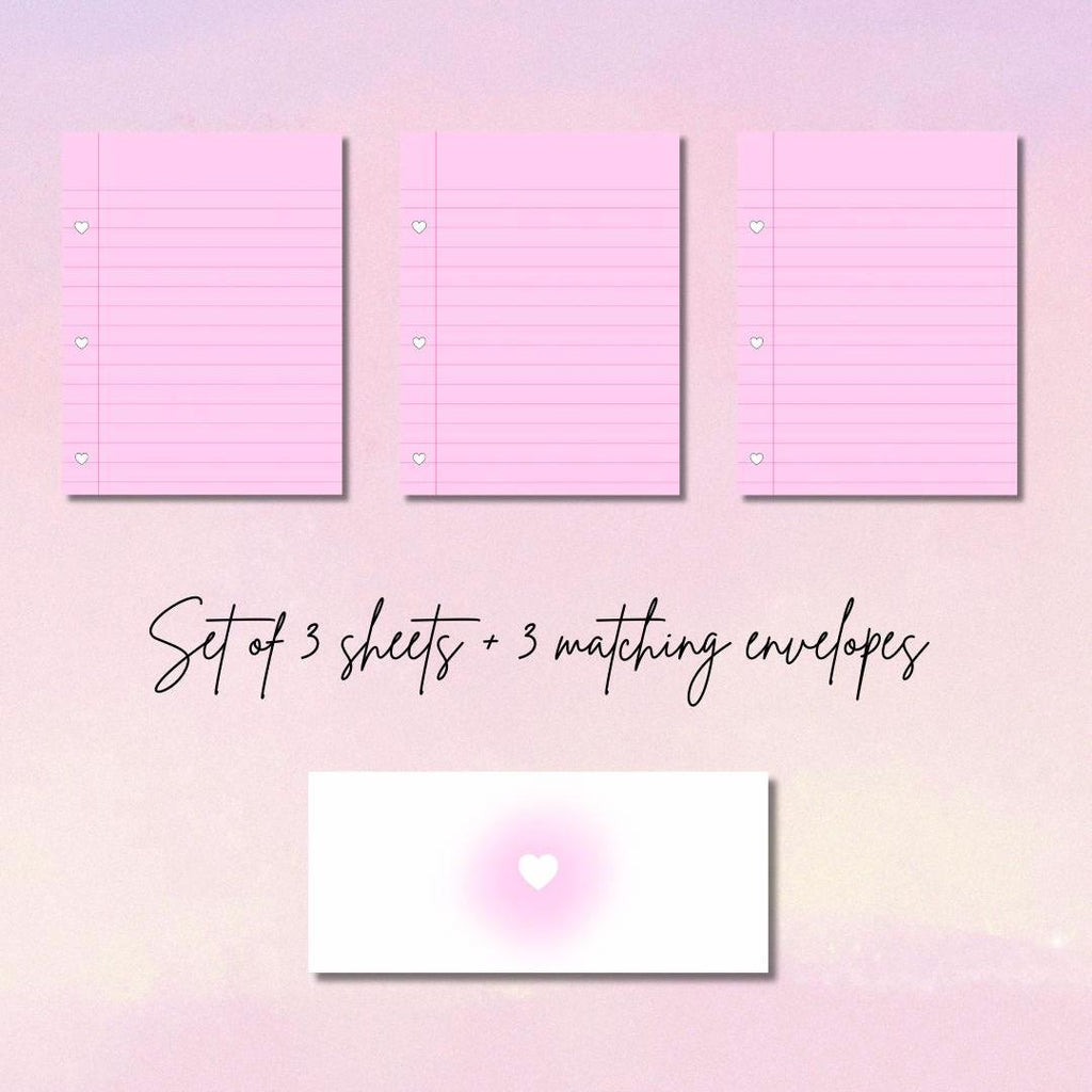 Pink Heart Binder Paper Writing Set | 3 Sheets & 3 Matching Airbrush Envelopes | Prison Wife Girlfriend or Fiance Stationery