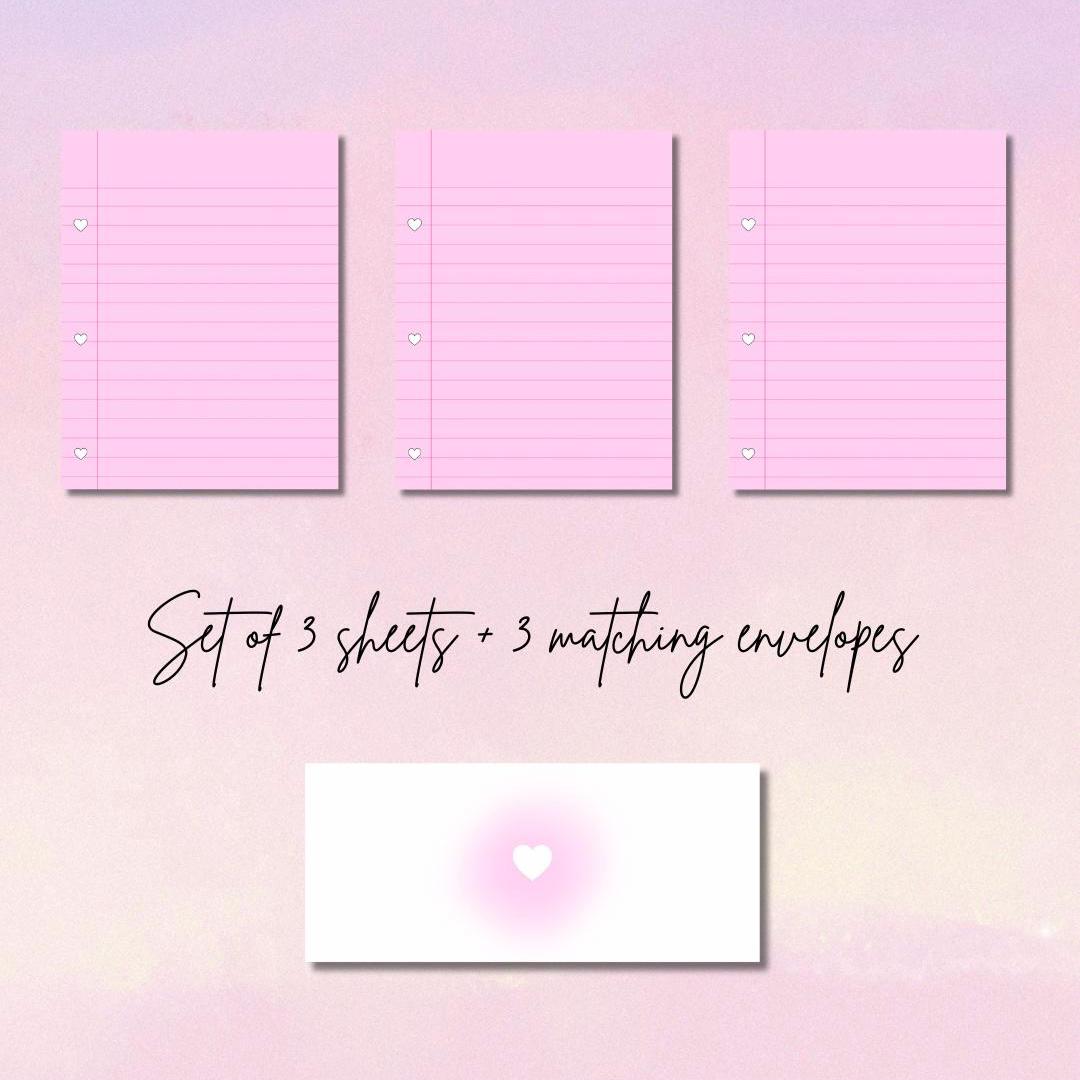 Pink Heart Binder Paper Writing Set | 3 Sheets & 3 Matching Airbrush Envelopes | Prison Wife Girlfriend or Fiance Stationery