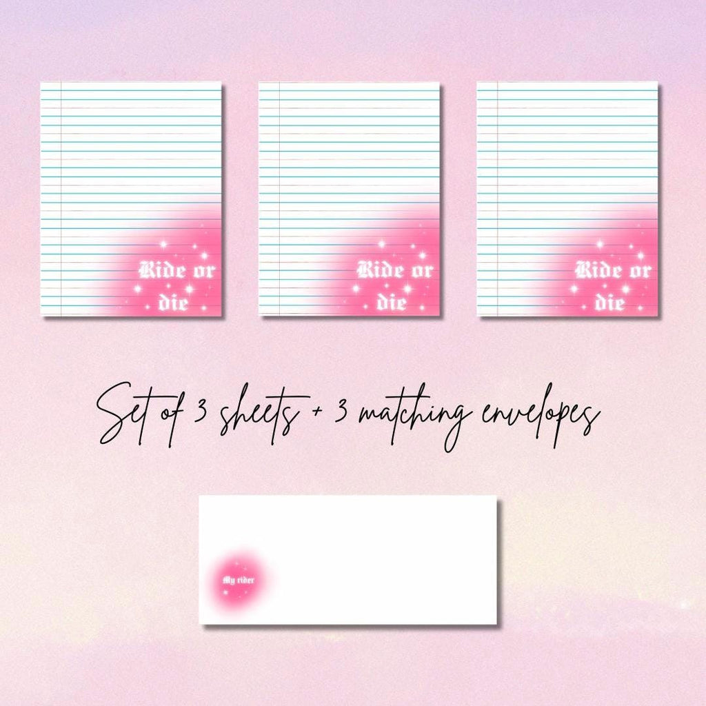 Ride or Die Writing Set | 3 Airbrush Design Sheets & 3 Matching Envelopes | Prison Wife Girlfriend or Fiance Stationery