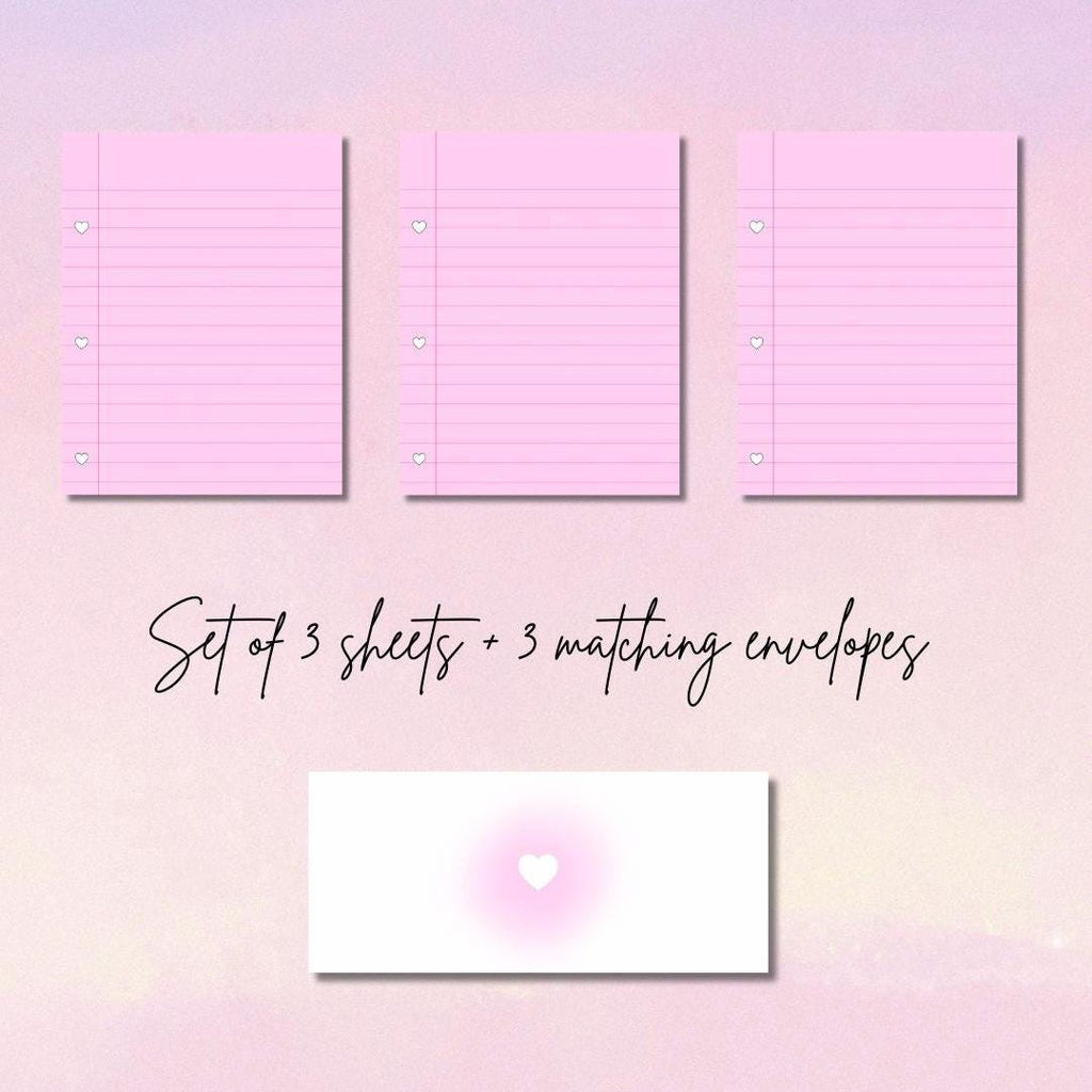 Pink Heart Binder Paper Writing Set | 3 Sheets & 3 Matching Airbrush Envelopes | Prison Wife Girlfriend or Fiance Stationery