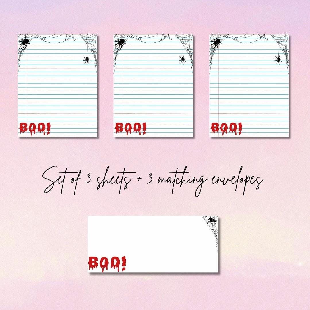 Halloweeen Stationery Set for Prison Wives – 3 Printed Letter Sheets + 3 Matching Envelopes – Pen Pal Paper – Cute Snail Mail Writing Kit