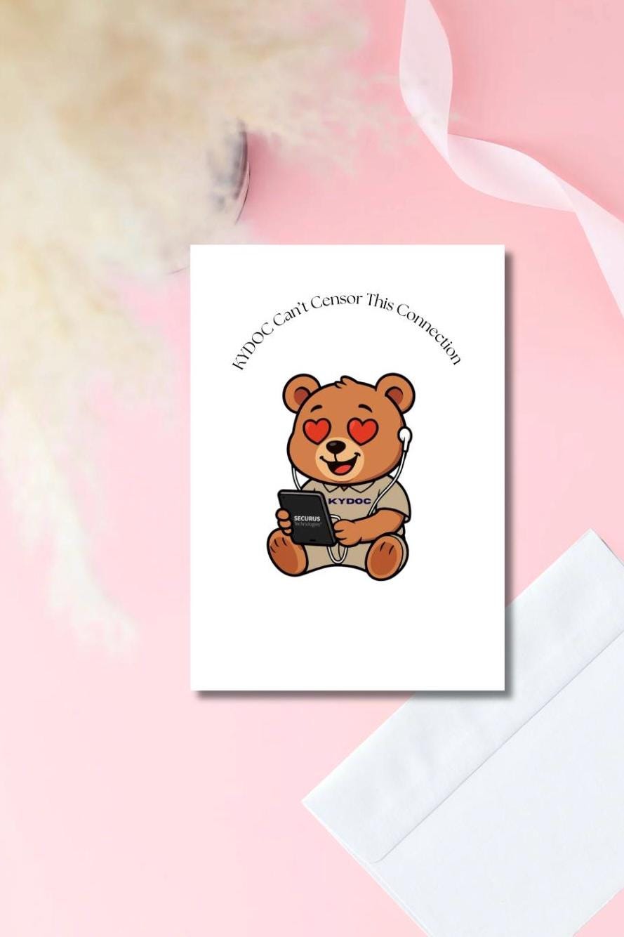 KYDOC Prison Wife Card – “KYDOC Can’t Censor This Connection” | Cute Bear with Tablet & Headphones | Kentucky Prison Love Card 5x7