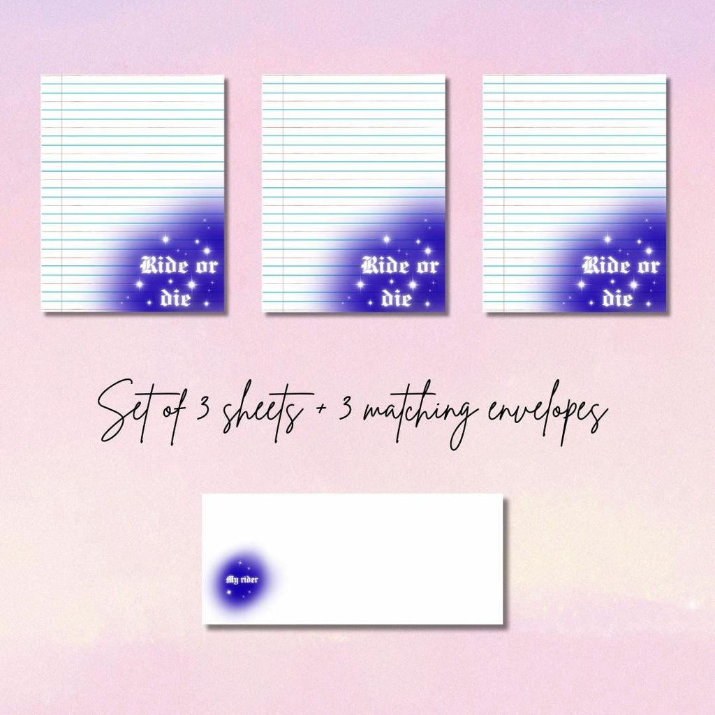 Ride or Die Writing Set | 3 Airbrush Design Sheets & 3 Matching Envelopes | Prison Wife Girlfriend or Fiance Stationery