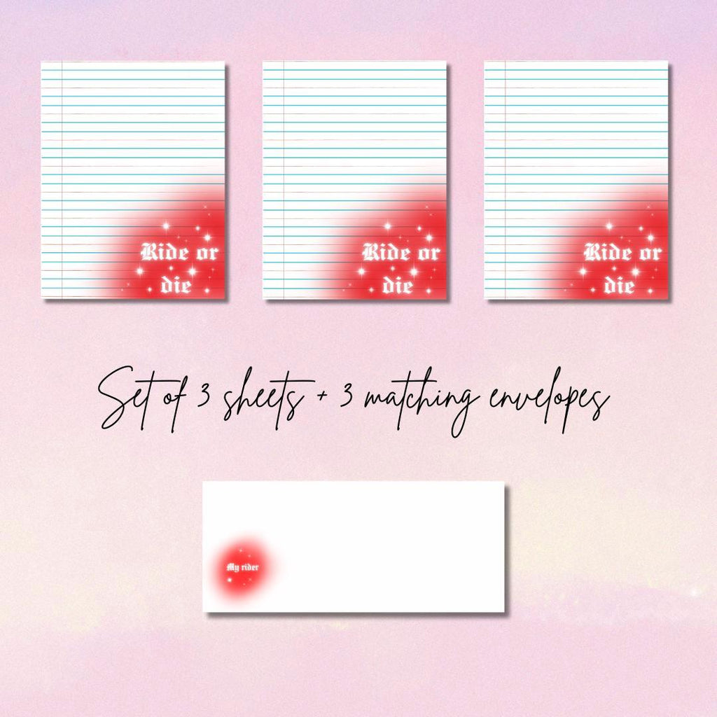 Ride or Die Writing Set | 3 Airbrush Design Sheets & 3 Matching Envelopes | Prison Wife Girlfriend or Fiance Stationery