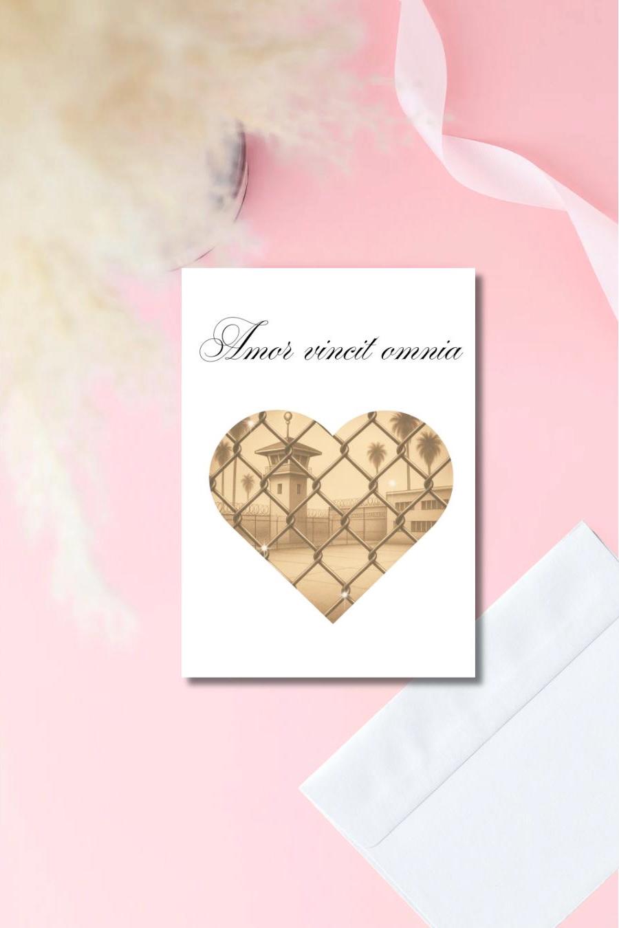 Love Conquers All Card | Amor Vincit Omnia Card | Sepia Heart Prison Yard Design | Prison Wife Girlfriend or Fiance Card