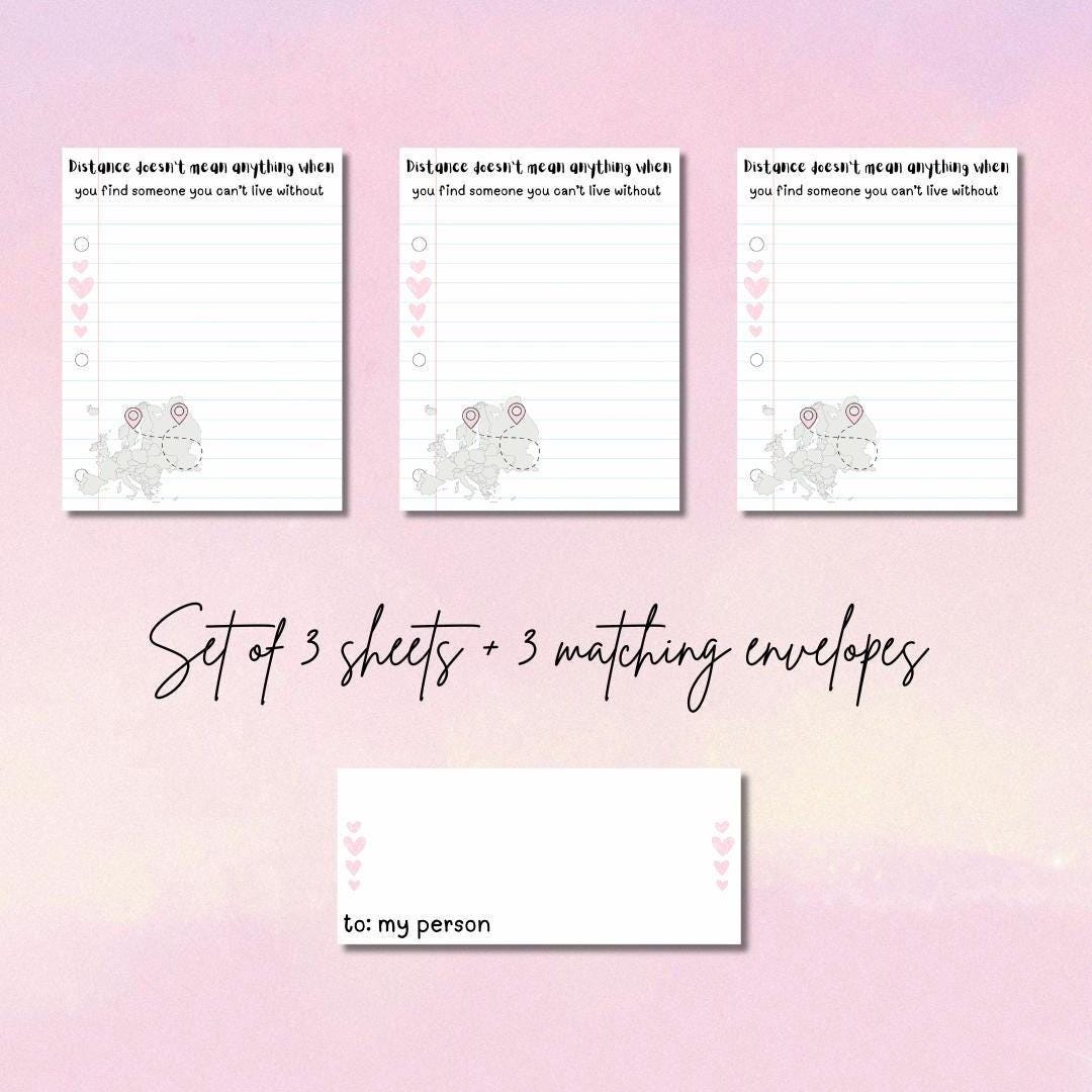 Distance Doesn’t Mean Anything Writing Set | Long Distance Letter Paper | 3 Sheets + 3 Envelopes | Prison Wife Stationery | Cute Heart Map