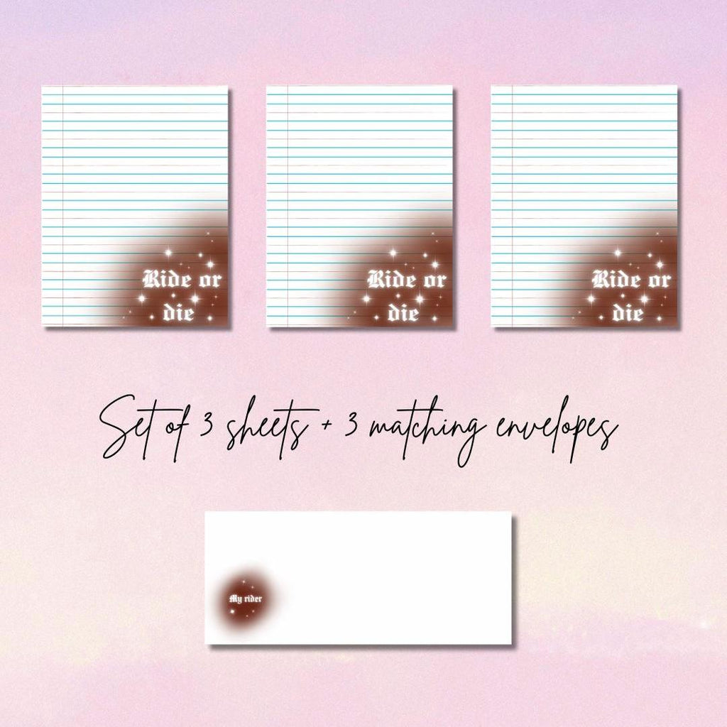 Ride or Die Writing Set | 3 Airbrush Design Sheets & 3 Matching Envelopes | Prison Wife Girlfriend or Fiance Stationery