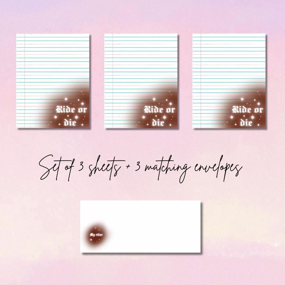 Ride or Die Writing Set | 3 Airbrush Design Sheets & 3 Matching Envelopes | Prison Wife Girlfriend or Fiance Stationery
