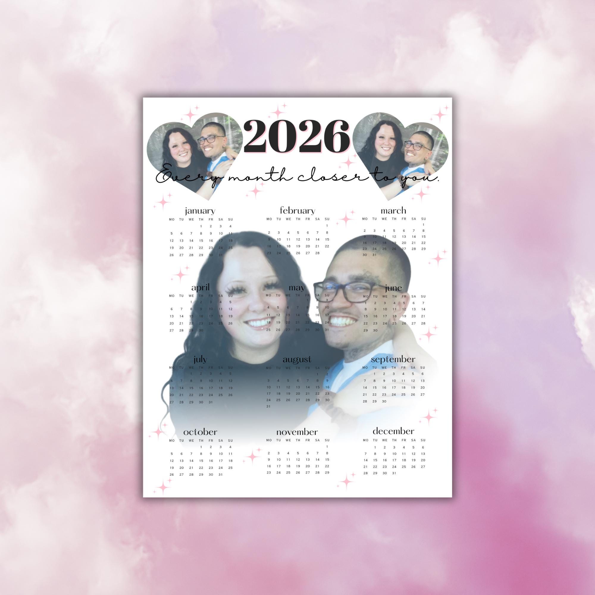 Custom 2026 Photo Calendar for Prison Wives | One-Page 12 Month Calendar | Gift for Husband or Boyfriend in Prison | Jail Mail Safe